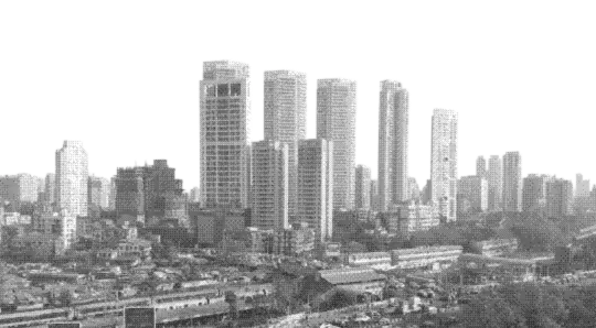 Mumbai skyline rendered in a dithered halftone style